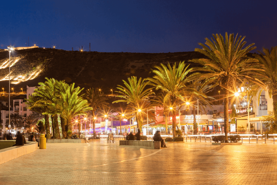 Agadir seafront promenade at night