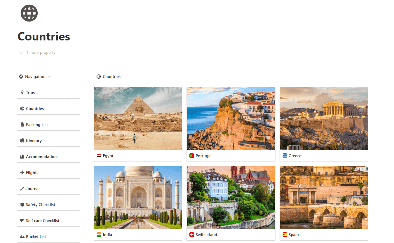 Notion travel planner countries page